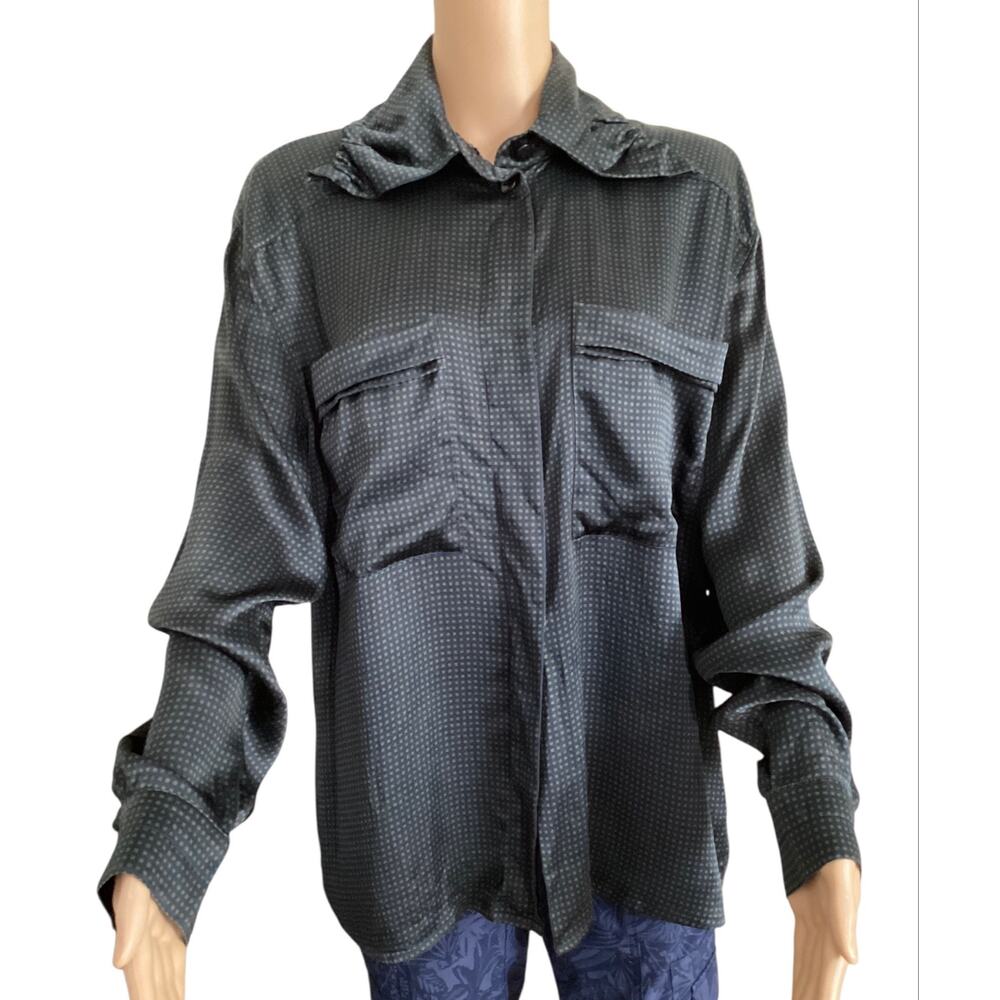 Vintage Escada 100% Silk Button Up Blouse green & black Geometric Print Size XL